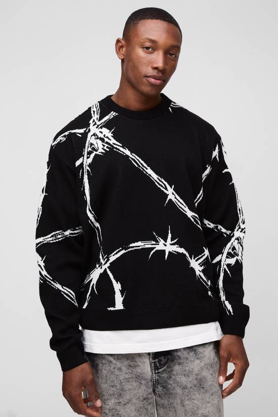 Oversized Boxy Barbed Wire Jacquard Knitted Jumper