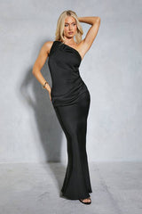 Satin Asymmetric Strap Pleated Waist Low Back Maxi Bridesmaid Dress