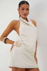 Satin Cowl Corsage Drape Mini Dress