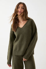 Oversized Knitted V Neck Rib Detail Jumper