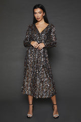 DP Luxe Multi Sequin Wrap Belted Midi Dress