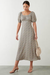 Ditsy Floral Ruched Scoop Neck Midi Dress