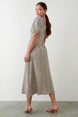 Ditsy Floral Ruched Scoop Neck Midi Dress