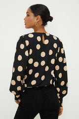 Spot Key Hole Wrap Long Sleeve Top