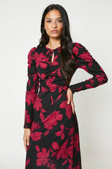 Red Floral Keyhole Midi Dress