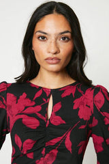 Red Floral Keyhole Midi Dress