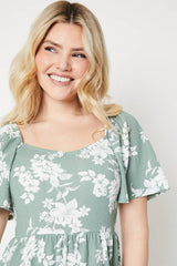 Floral Print Flutter Sleeve Jersey Midi Dress