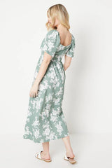Floral Print Flutter Sleeve Jersey Midi Dress