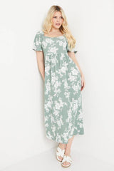 Floral Print Flutter Sleeve Jersey Midi Dress