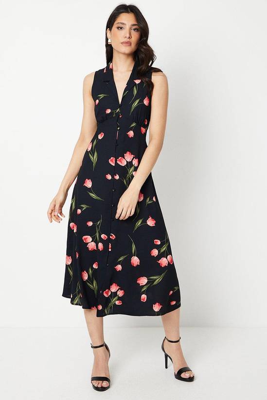 Black Floral Button Through Midi Dress