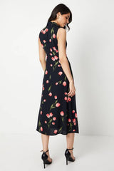 Black Floral Button Through Midi Dress