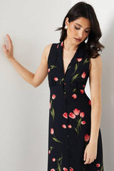 Black Floral Button Through Midi Dress