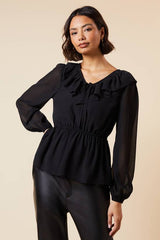 Ruffle Front Long Sleeve Blouse