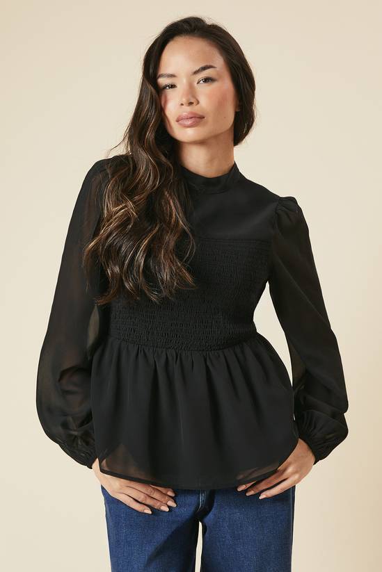 Shirred Front And Back Long Sleeve Blouse