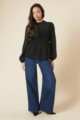 Shirred Front And Back Long Sleeve Blouse