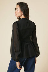 Shirred Front And Back Long Sleeve Blouse