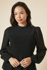 Shirred Front And Back Long Sleeve Blouse