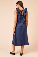Chambray V Neck Ruffle Neck Sleeveless Midi dress