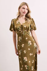 Floral Tie Front Button Up Puff Sleeve Midi Dress
