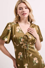 Floral Tie Front Button Up Puff Sleeve Midi Dress