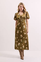 Floral Tie Front Button Up Puff Sleeve Midi Dress