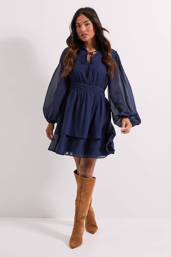 Petite Tie Neck Tiered Skirt Mini Dress