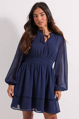 Petite Tie Neck Tiered Skirt Mini Dress