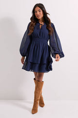 Petite Tie Neck Tiered Skirt Mini Dress