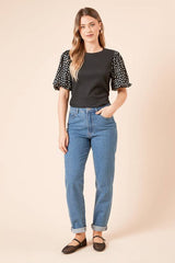 Mono Spot Printed Puff Sleeve Top