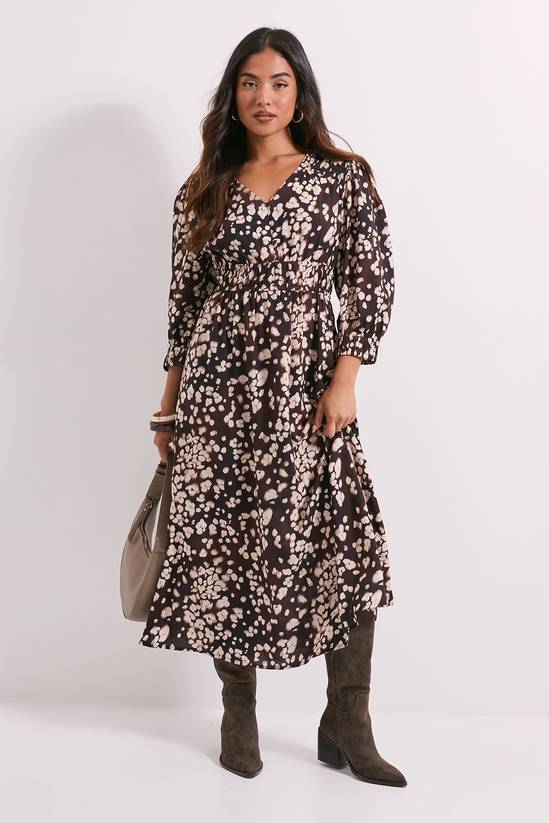 Petite Shirred Detail Blouson Sleeve Midi Dress
