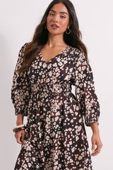 Petite Shirred Detail Blouson Sleeve Midi Dress