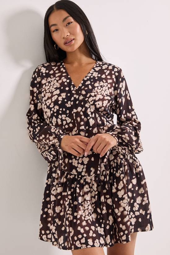 Brown Animal Print Dropped Seam Detail Wrap Front Mini Dress