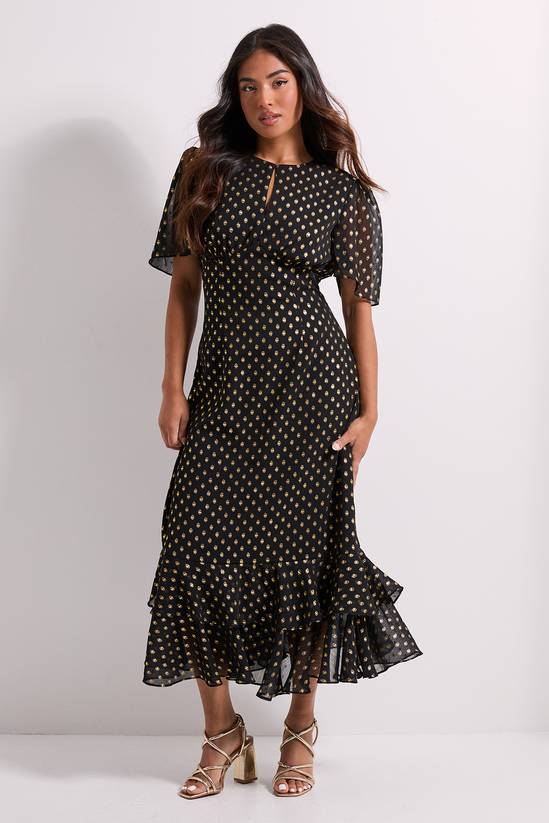 Petite DP Luxe Metallic Spot Chiffon Ruffle Hem Midi Dress