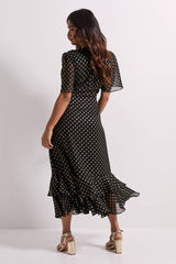 Petite DP Luxe Metallic Spot Chiffon Ruffle Hem Midi Dress