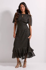 Petite DP Luxe Metallic Spot Chiffon Ruffle Hem Midi Dress