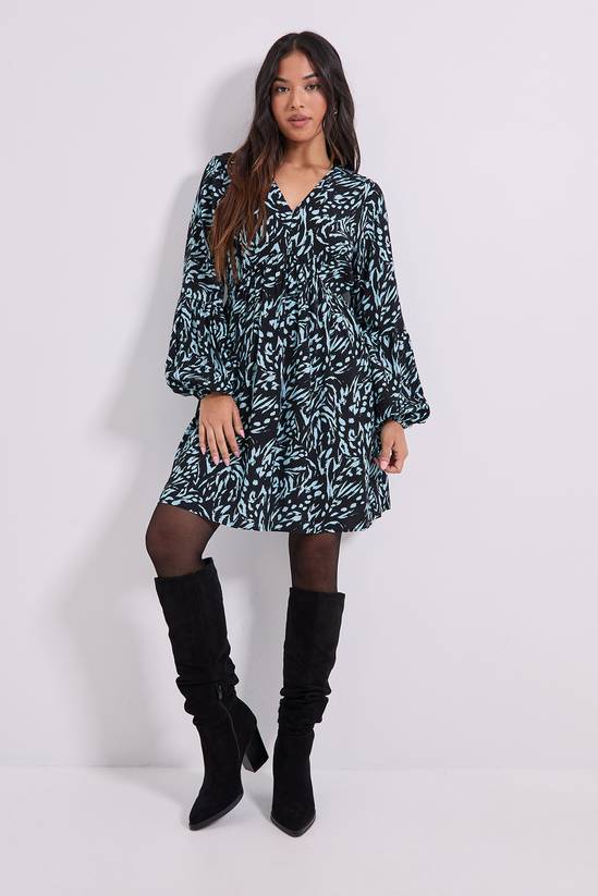 Petite V Neck Smock Blouson Sleeve Printed Mini Dress