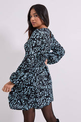 Petite V Neck Smock Blouson Sleeve Printed Mini Dress