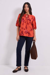 Petite Tie Detail Puff Sleeve Printed Top