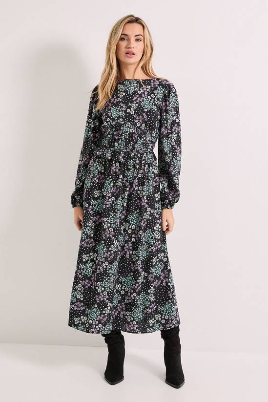 Gathered Waist Detail Blouson Sleeve Printed Midi Dress