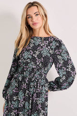 Gathered Waist Detail Blouson Sleeve Printed Midi Dress