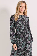 Gathered Waist Detail Blouson Sleeve Printed Midi Dress