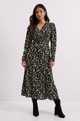 Petite Yellow Animal Shirred Waist Button Detail Midi Dress
