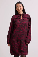 Petite Brown Animal Tie Neck Tiered Smock Jersey Mini Dress