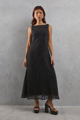 Heart Print Chiffon Slash Neck Bias Sleeveless Midi Dress