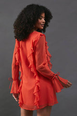 Chiffon Ruffle Detail Tie Sleeve Mini Dress