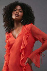 Chiffon Ruffle Detail Tie Sleeve Mini Dress