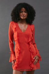Chiffon Ruffle Detail Tie Sleeve Mini Dress
