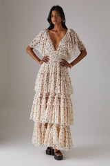 Tulle Polka Dot Plunge Neck Flutter Sleeve Tier Maxi Dress
