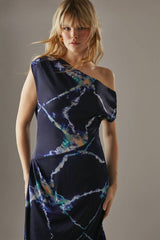 Crinkle Satin Fallen Shoulder Knot Side Midi Dress
