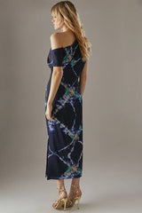 Crinkle Satin Fallen Shoulder Knot Side Midi Dress
